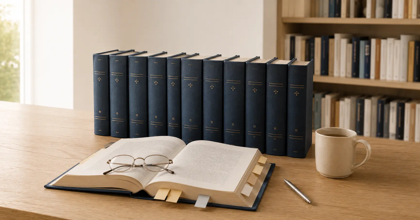 Старая книга в кожаном переплёте на тёмном деревянном столе в свете настольной лампы